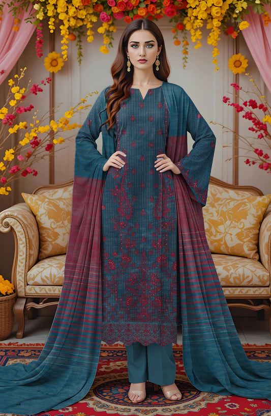 Zeen Ara Luxury Embroidered Khaddar Unstitched 3 Piece Suit - Design-06 - ZN25KH - Blue - Winter Collection
