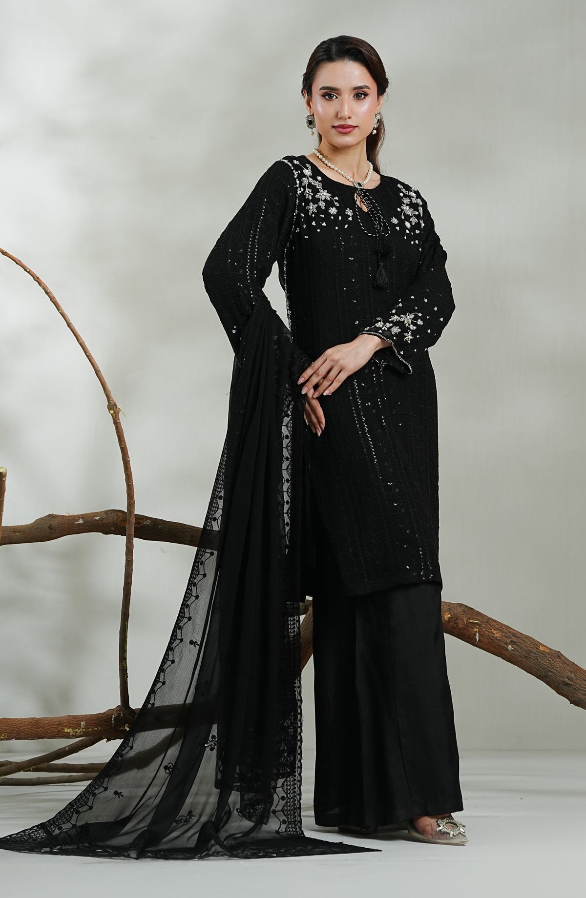 Zeenat by Guzel Embroidered Chiffon Stitched 3 Piece Suit - Nisah - GUZ26ZN - Black - Festive Collection