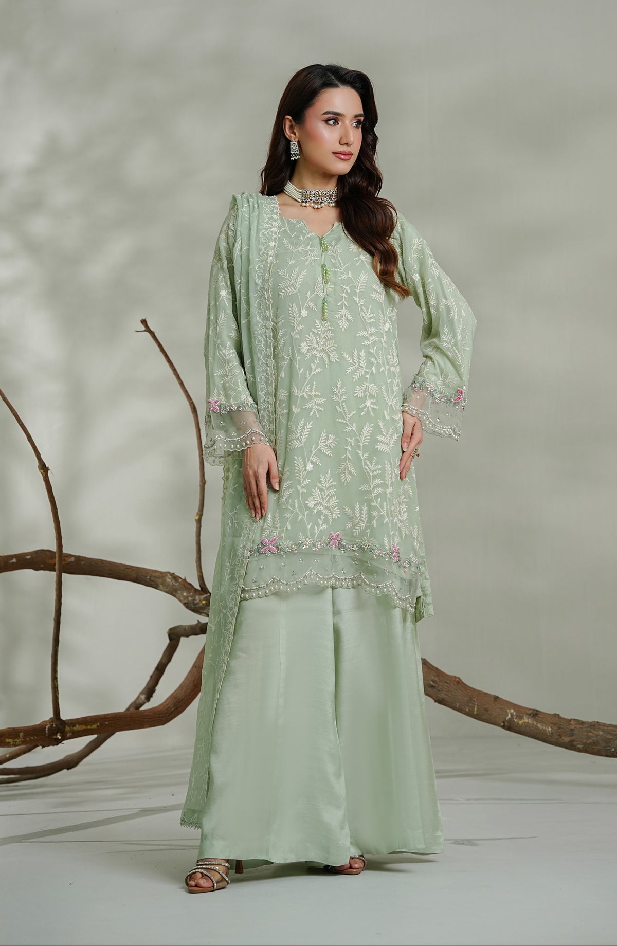 Zeenat by Guzel Embroidered Chiffon Stitched 3 Piece Suit - Reem - GUZ26ZN - Green - Festive Collection