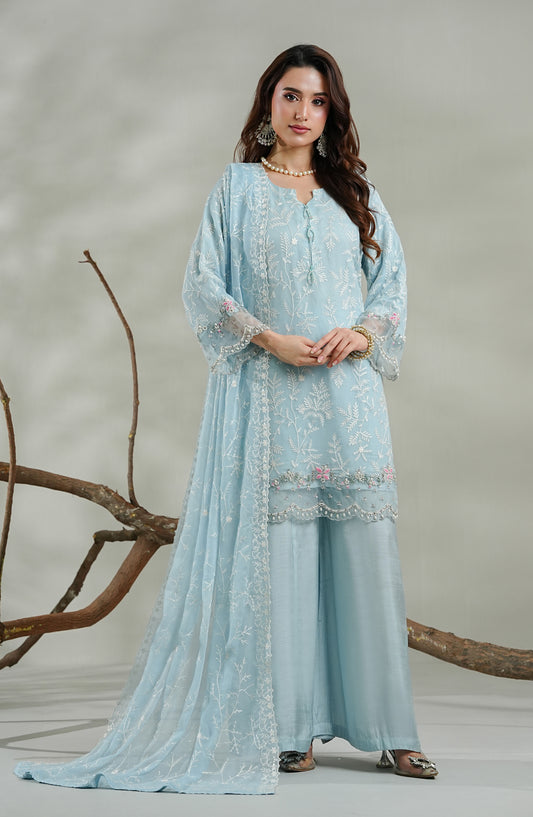 Zeenat by Guzel Embroidered Chiffon Stitched 3 Piece Suit - Jabeen - GUZ26ZN - Blue - Festive Collection
