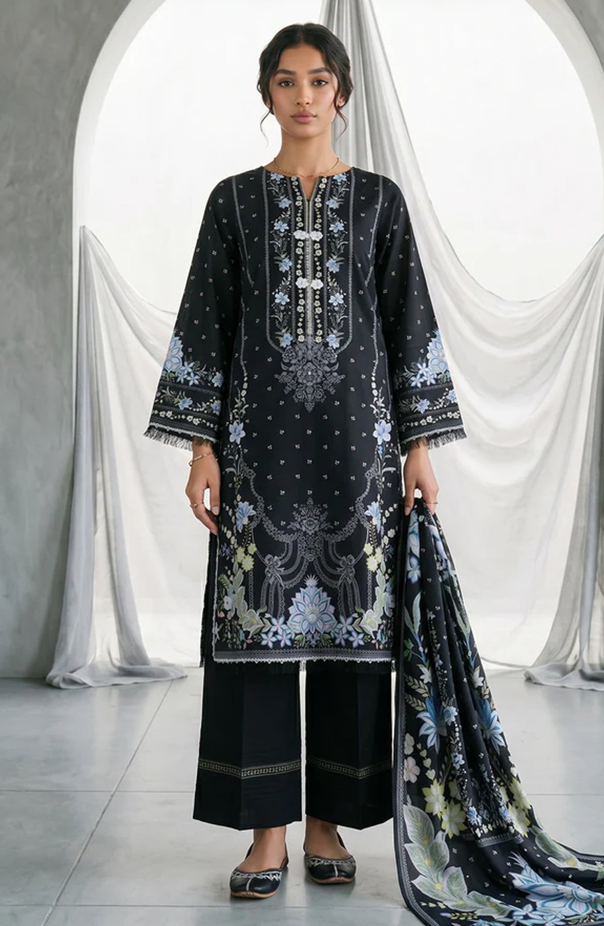 Zellbury Monochrome Printed Lawn Unstitched 3 Piece Suit - WUS26X31095 - ZB26CRM - Black - Summer Collection