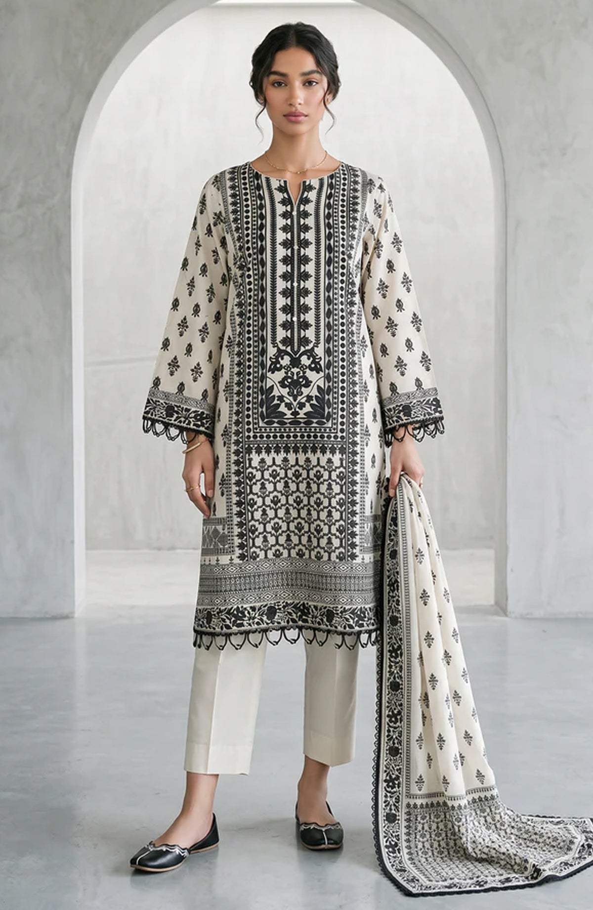 Zellbury Monochrome Printed Lawn Unstitched 3 Piece Suit - WUS26X31088 - ZB26CRM - Off White - Summer Collection