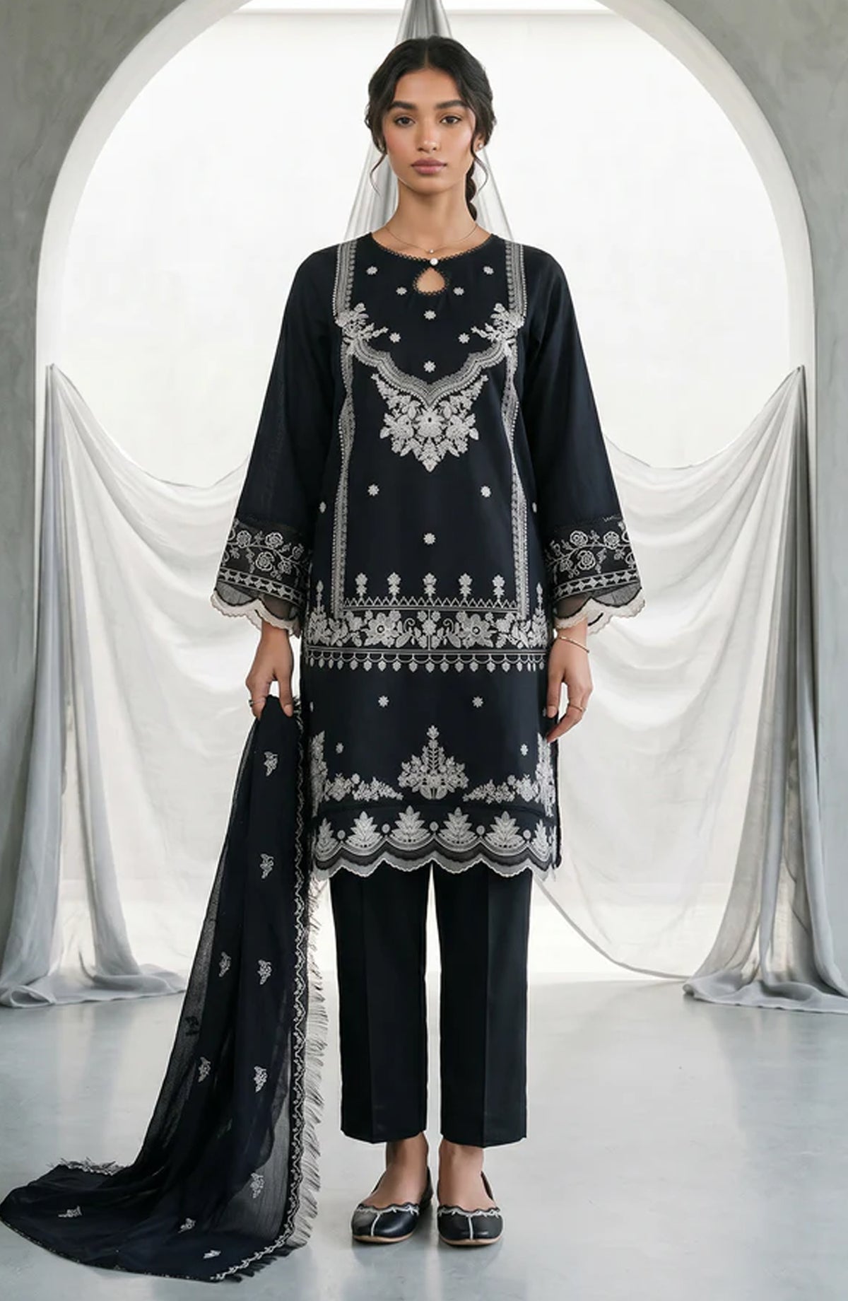 Zellbury Monochrome Embroidered Lawn Unstitched 3 Piece Suit - WUS26E31105 - ZB26MN - Black - Summer Collection