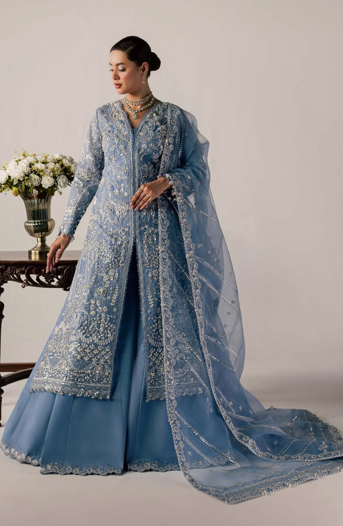 Zeynor Luxury Embroidered Organza Unstitched 3 Piece Suit - D3-Serpentine - ZN26WD - Blue - Wedding Collection