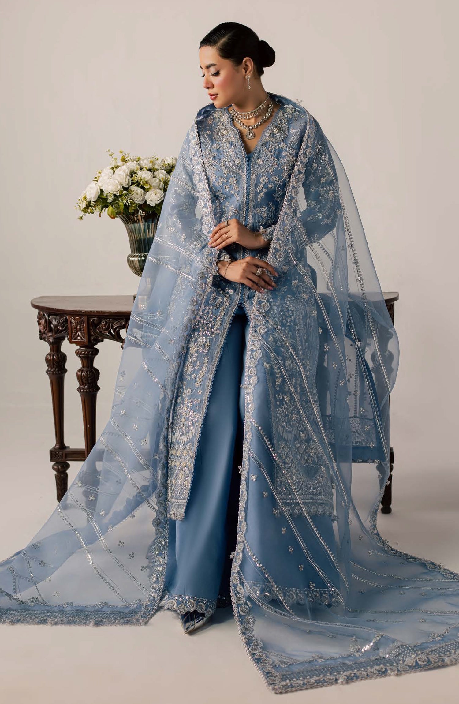 Zeynor Luxury Embroidered Organza Unstitched 3 Piece Suit - D3-Serpentine - ZN26WD - Blue - Wedding Collection