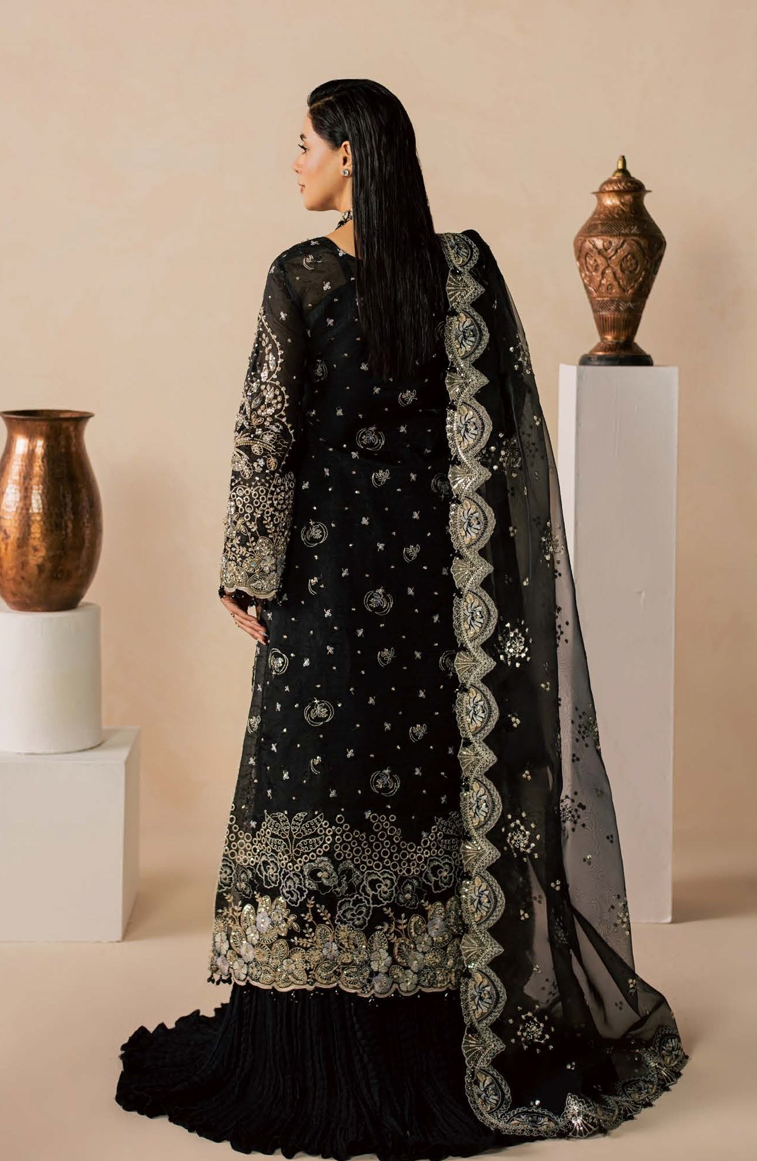 Zeynor Luxury Embroidered Organza Unstitched 3 Piece Suit - D4-Beryl - ZN26WD - Black - Wedding Collection