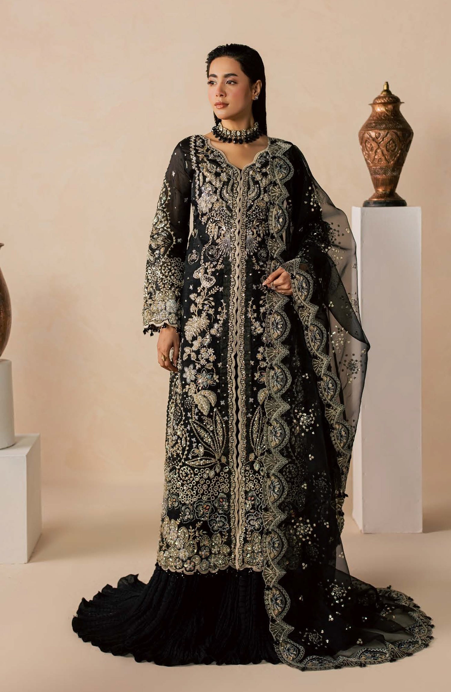 Zeynor Luxury Embroidered Organza Unstitched 3 Piece Suit - D4-Beryl - ZN26WD - Black - Wedding Collection