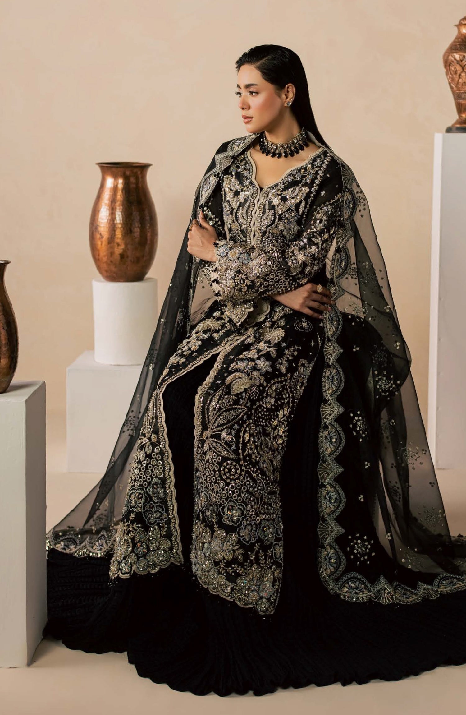 Zeynor Luxury Embroidered Organza Unstitched 3 Piece Suit - D4-Beryl - ZN26WD - Black - Wedding Collection