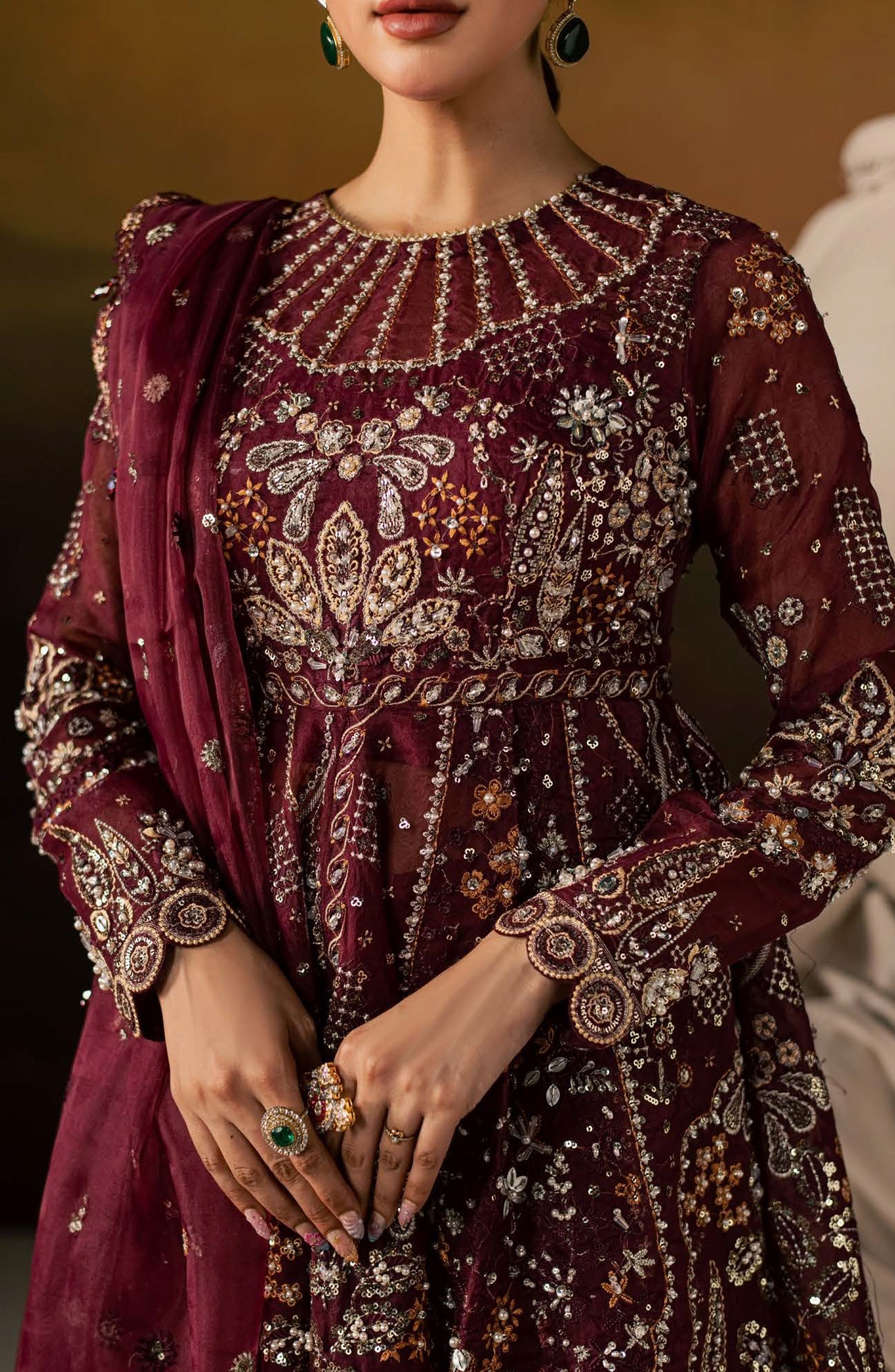 Zeynor Luxury Embroidered Organza Unstitched 3 Piece Suit - D6-Spinel - ZN26WD - Maroon - Wedding Collection