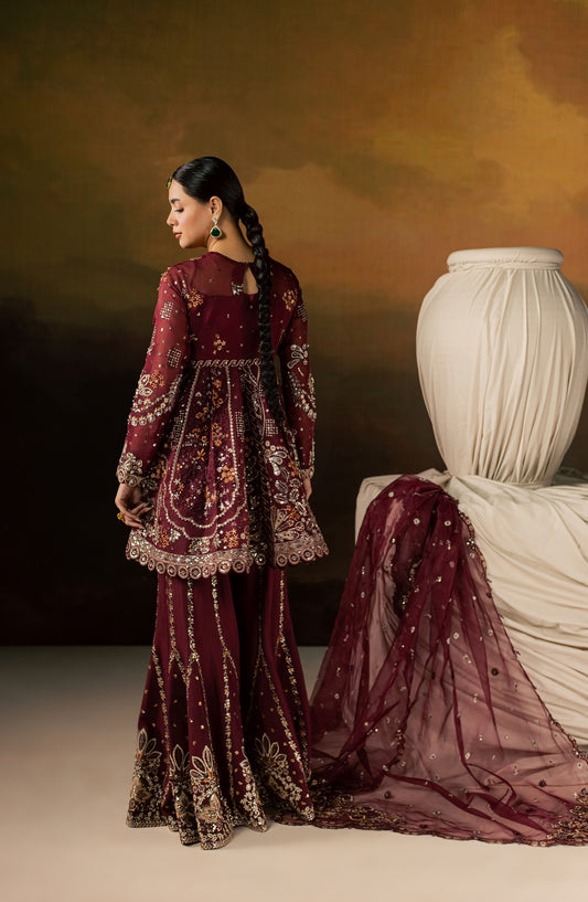 Zeynor Luxury Embroidered Organza Unstitched 3 Piece Suit - D6-Spinel - ZN26WD - Maroon - Wedding Collection