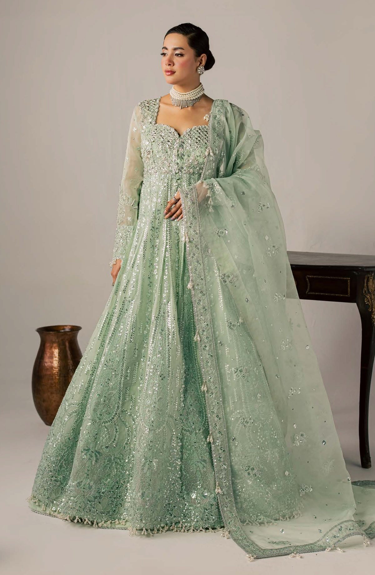 Zeynor Luxury Embroidered Organza Unstitched 3 Piece Suit - D7-Amazonite - ZN26WD - Green - Wedding Collection