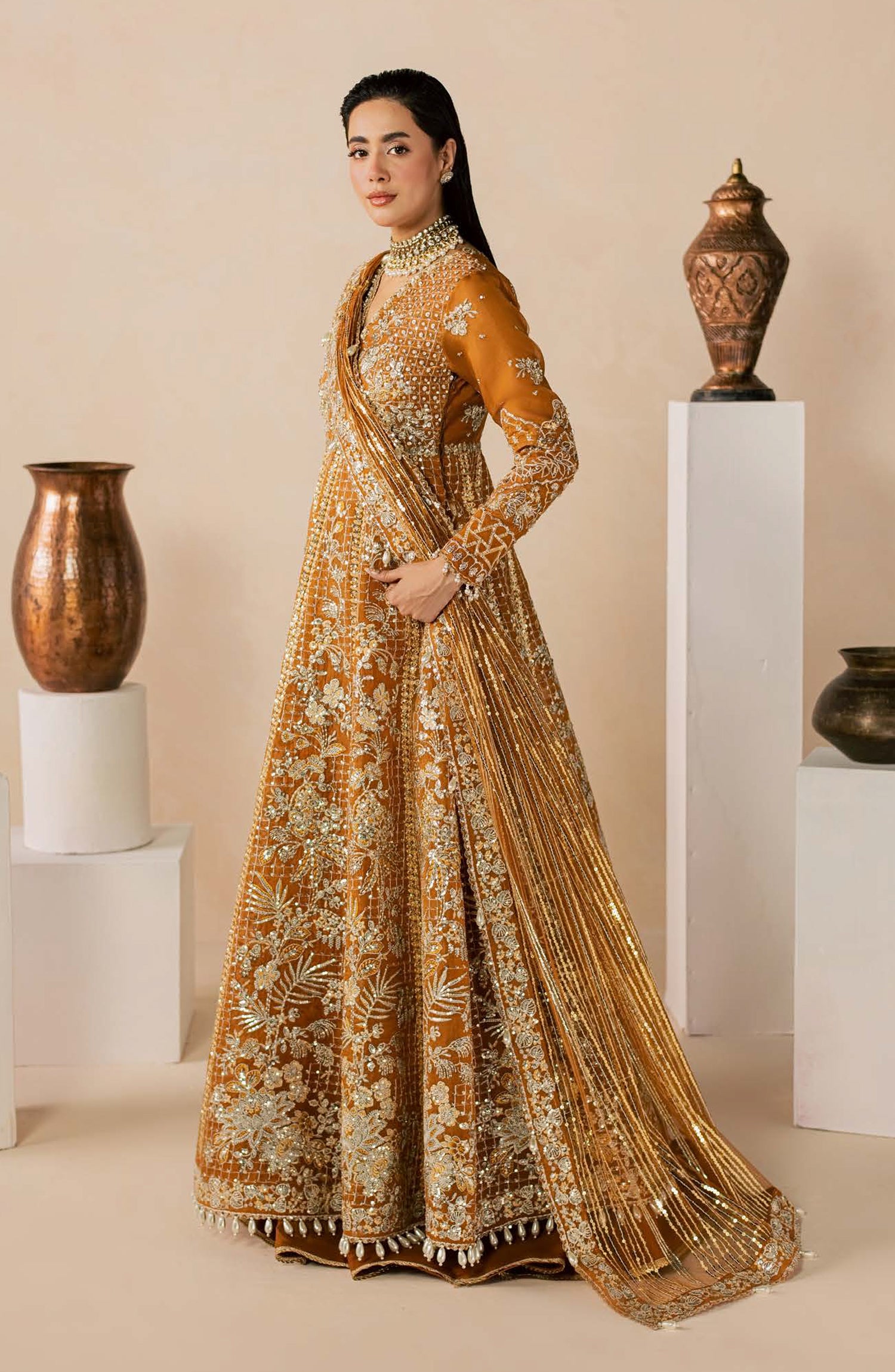 Zeynor Luxury Embroidered Organza Unstitched 3 Piece Suit - D8-Citrine - ZN26WD - Rust - Wedding Collection