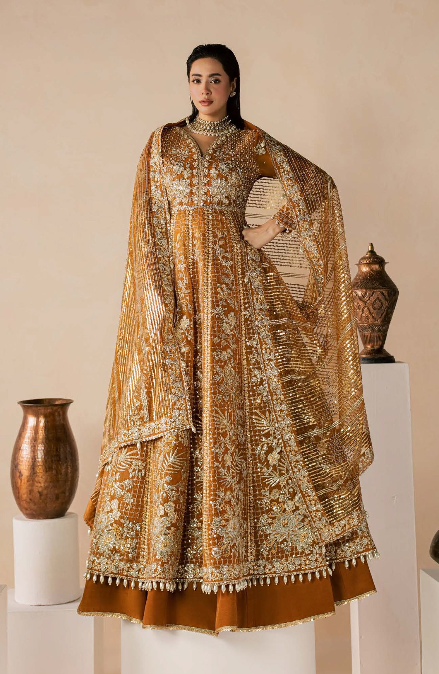 Zeynor Luxury Embroidered Organza Unstitched 3 Piece Suit - D8-Citrine - ZN26WD - Rust - Wedding Collection