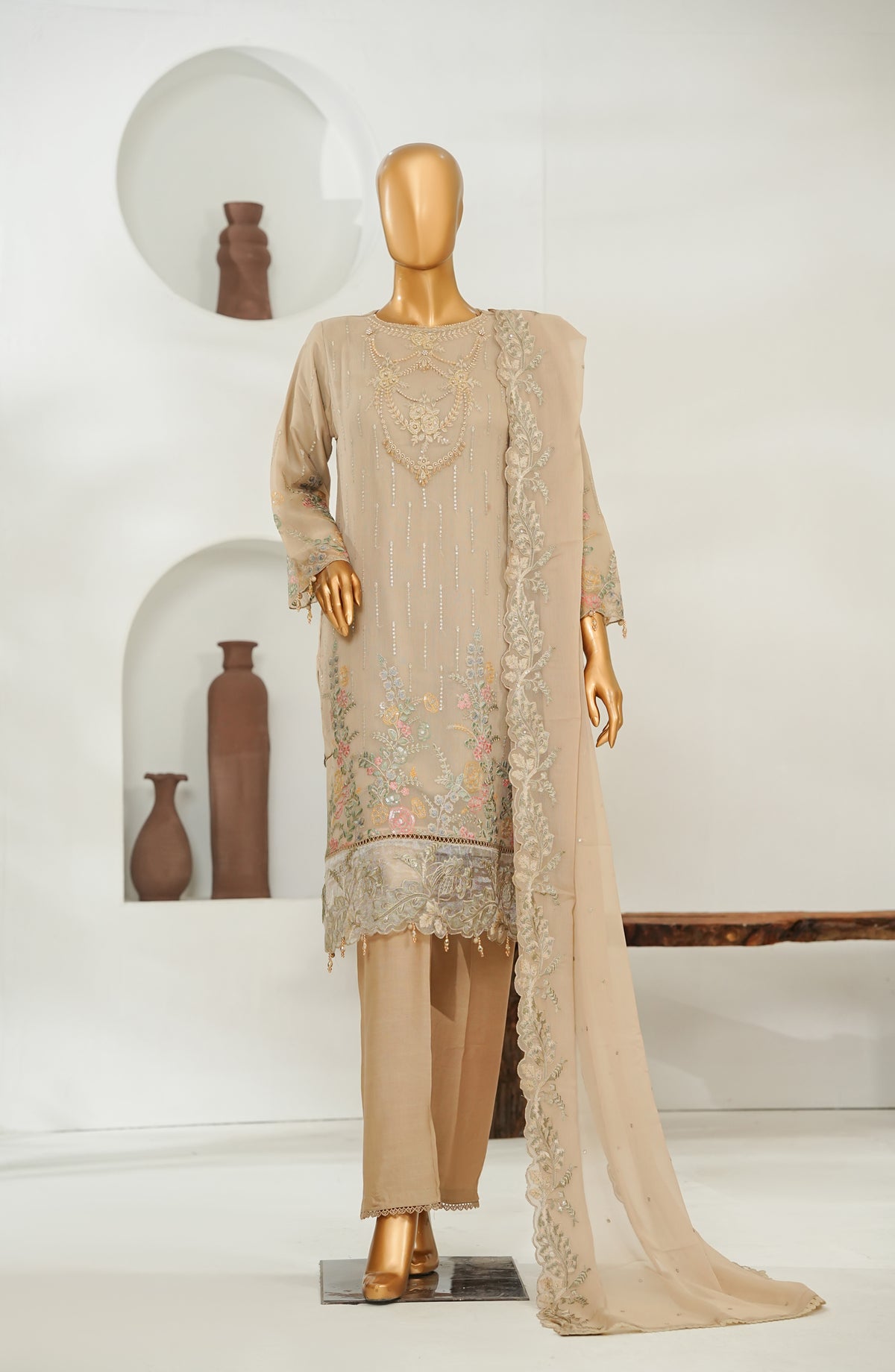 Zoya Luxe by Amna Khadija Embroidered Chiffon Stitched 3 Piece Suit - ZLCP-05 - AM26ZLCP - Beige - Festive Collection