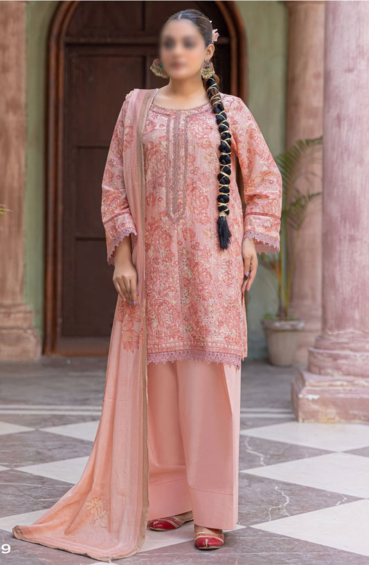 Zynah Embroidered Lawn Unstitched 3 Piece Suit - Design-09 - AK25ZNA2 - Pink - Summer Collection