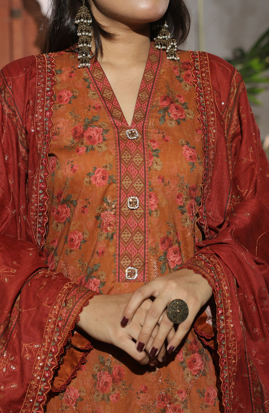 Zynah by VS Textile Embroidered Chikankari Unstitched 3 Piece Suit - D-02 - VS26NAH - Rust - Summer Collection