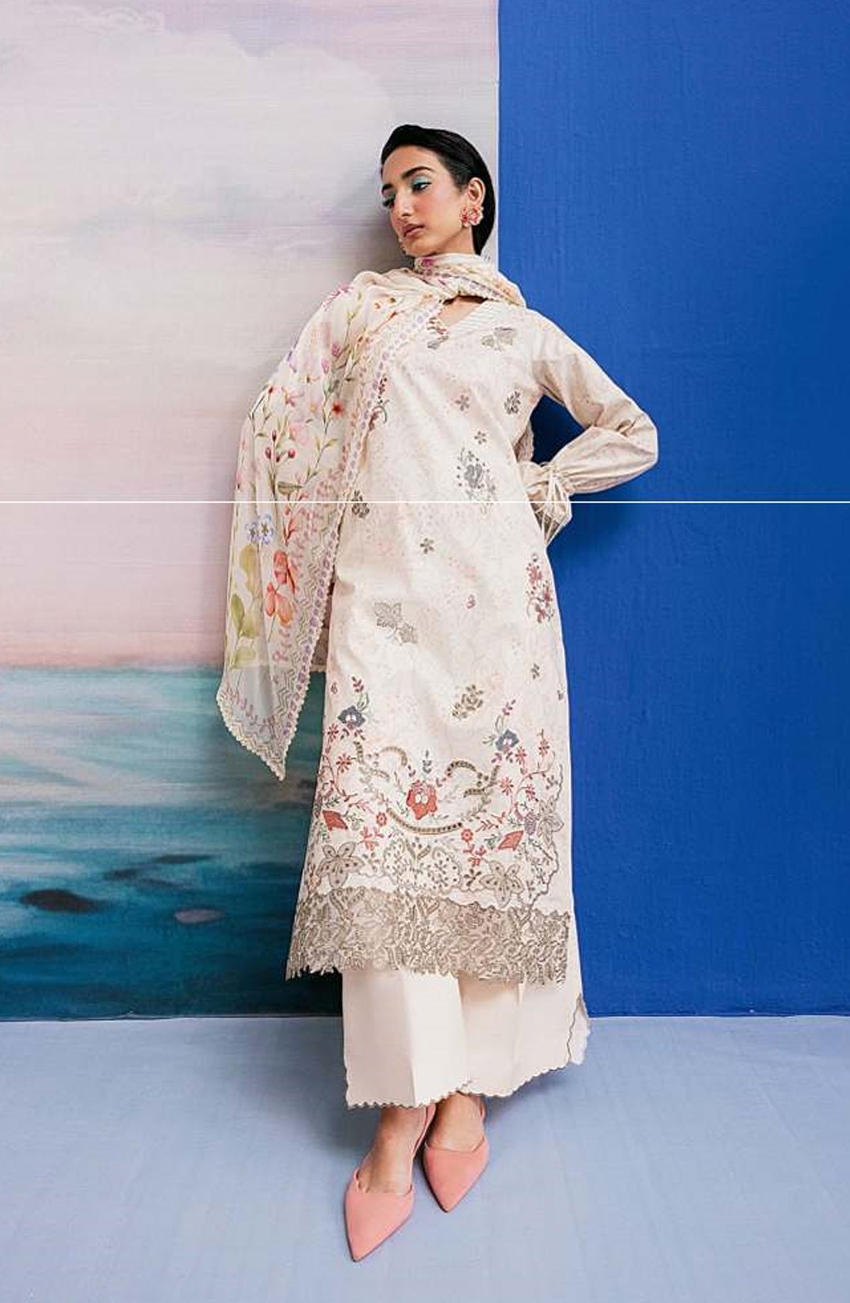 Zync by Florent Embroidered Lawn Unstitched 3 Piece Suit - FZ-7B - FL26NC - White - Summer Collection