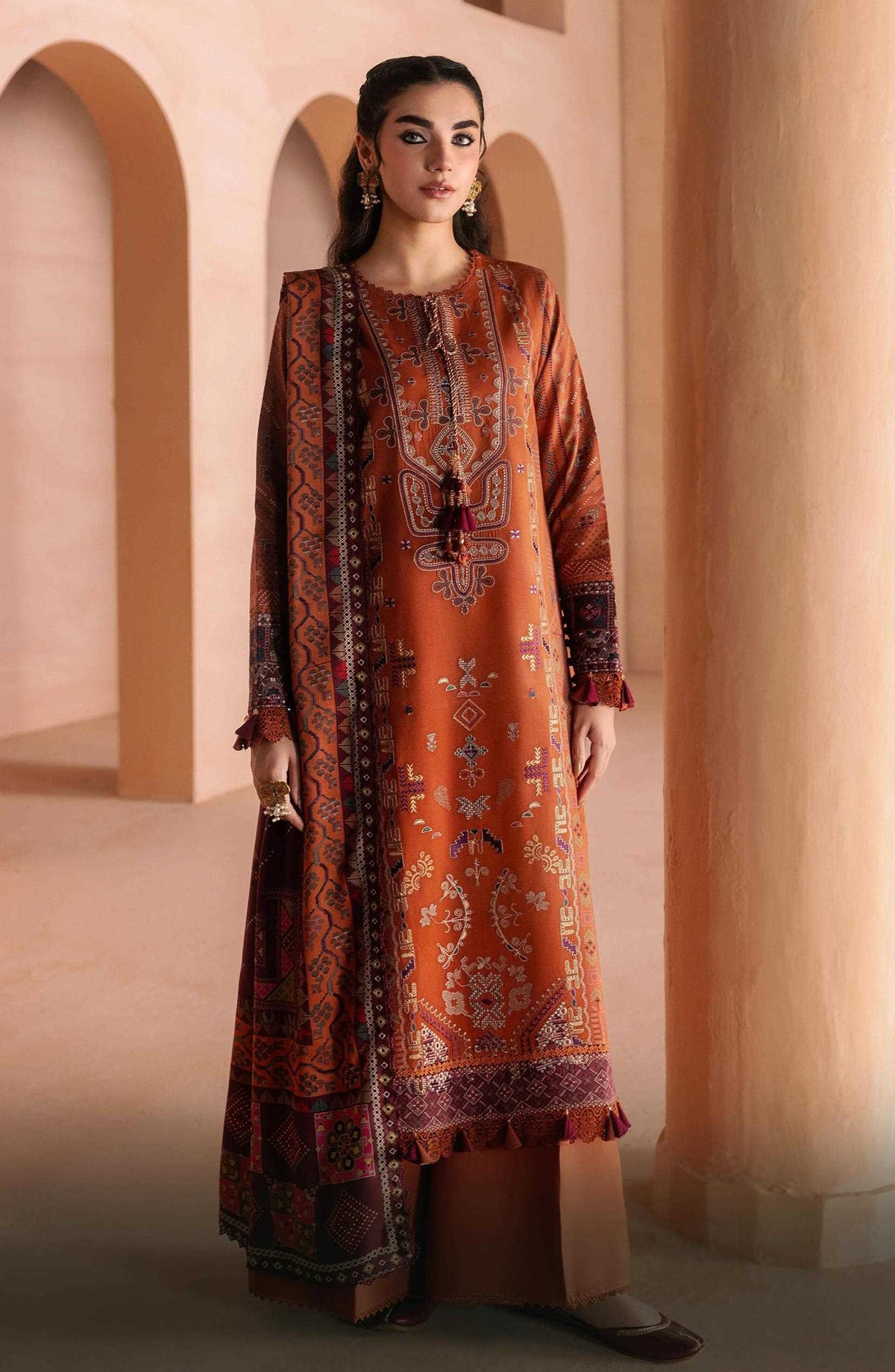 Zync by Florent Embroidered Viscose Unstitched 3 Piece Suit - 11 Zareen - FL26ZTY - Rust - Winter Collection
