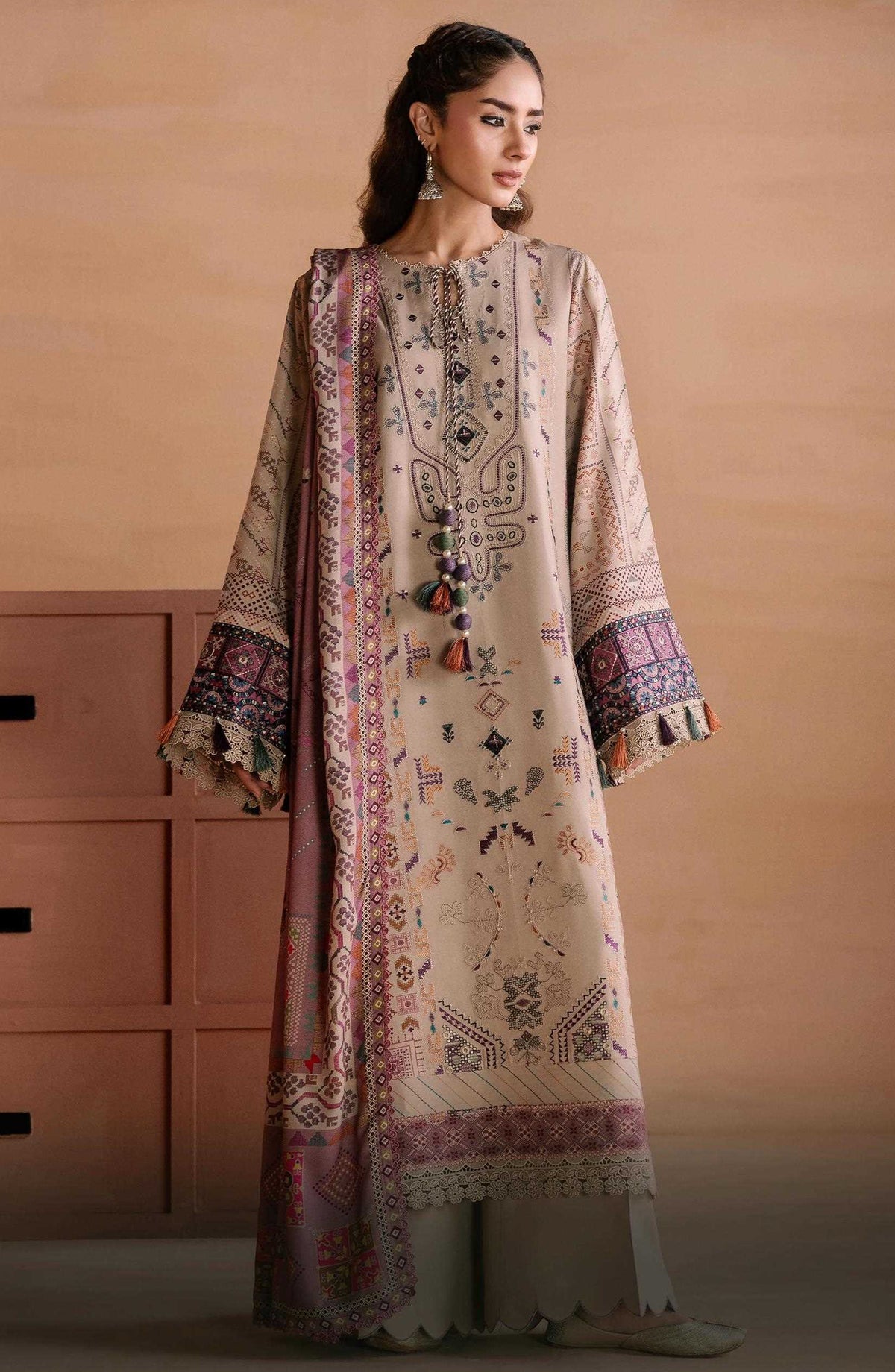 Zync by Florent Embroidered Viscose Unstitched 3 Piece Suit - 14 Khaaki - FL26ZTY - Beige - Winter Collection