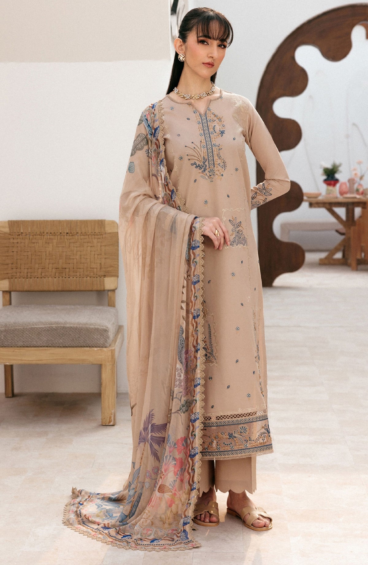 Zync by Florent Luxury Embroidered Lawn Unstitched 3 Piece Suit - FZ-5B - FL26ZN - Beige - Summer Collection