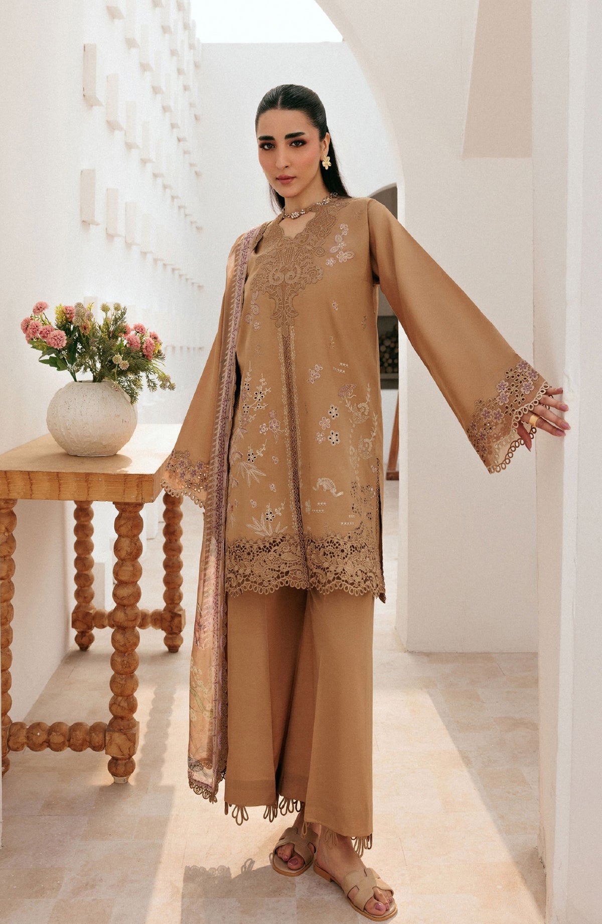 Zync by Florent Luxury Embroidered Lawn Unstitched 3 Piece Suit - FZ-7B - FL26ZN - Beige - Summer Collection