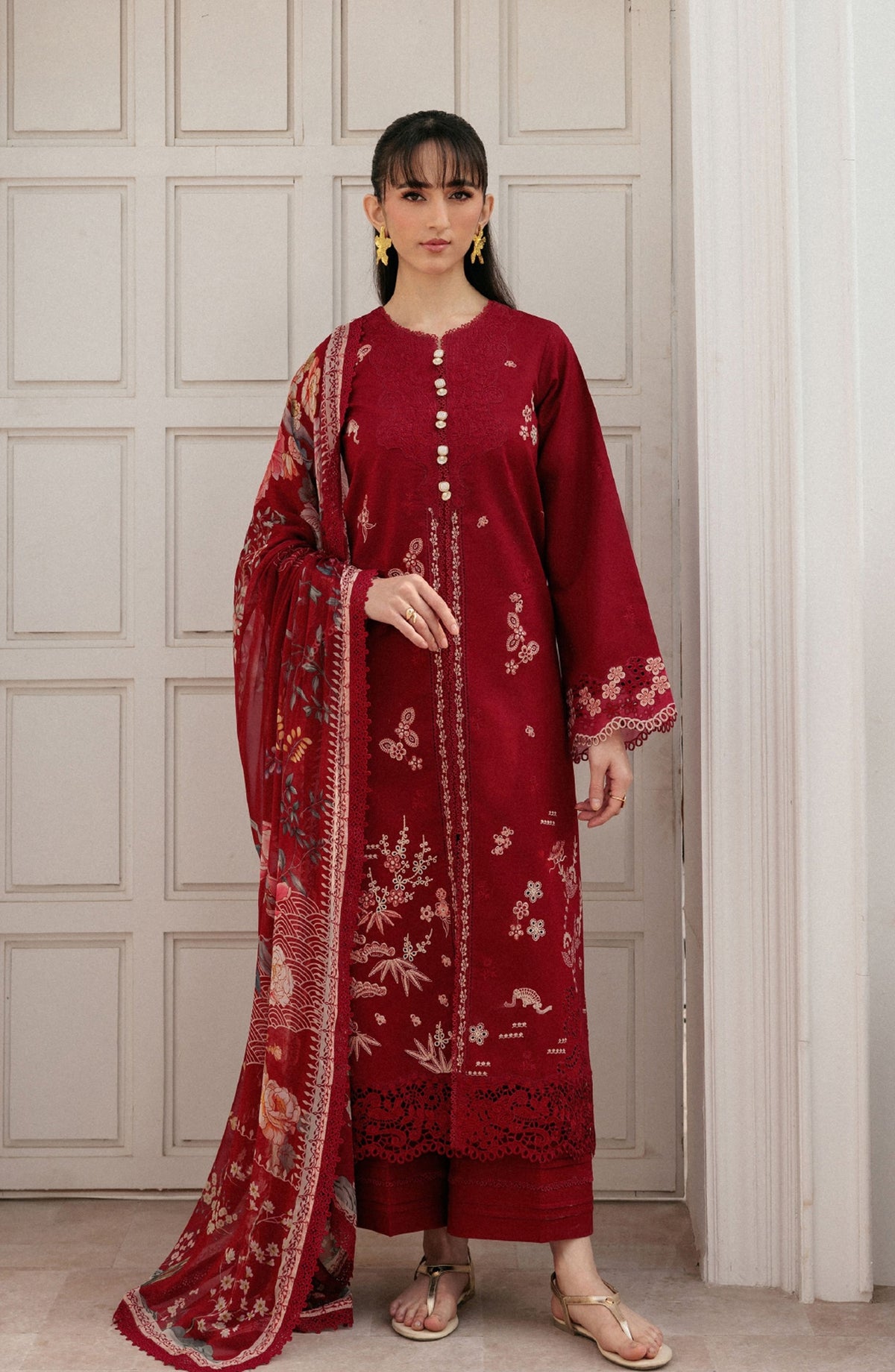 Zync by Florent Luxury Embroidered Lawn Unstitched 3 Piece Suit - FZ-7A - FL26ZN - Red - Summer Collection