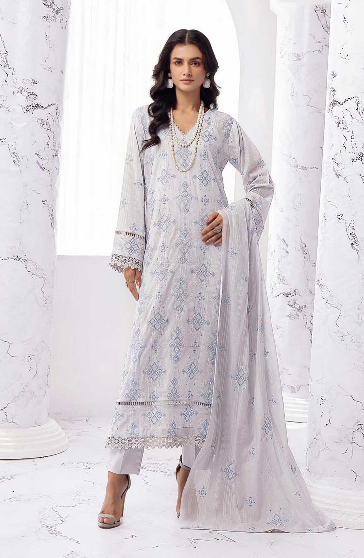 Arzoo by Khoobsurat Embroidered Slub Lawn Unstitched 3 Piece - A-60 - K25A - White - Summer Collection
