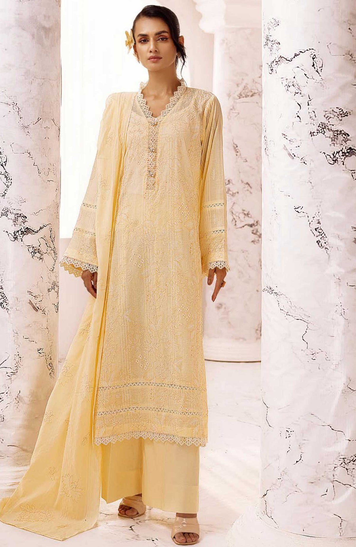 Arzoo by Khoobsurat Embroidered Slub Lawn Unstitched 3 Piece - A-63 - K25A - Creamy Yellow - Summer Collection