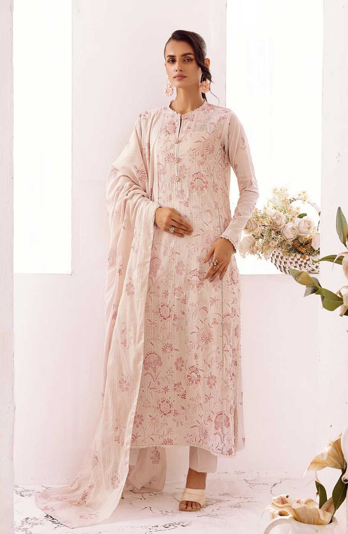 Arzoo by Khoobsurat Embroidered Slub Lawn Unstitched 3 Piece - A-64 - K25A - Tea Pink - Summer Collection