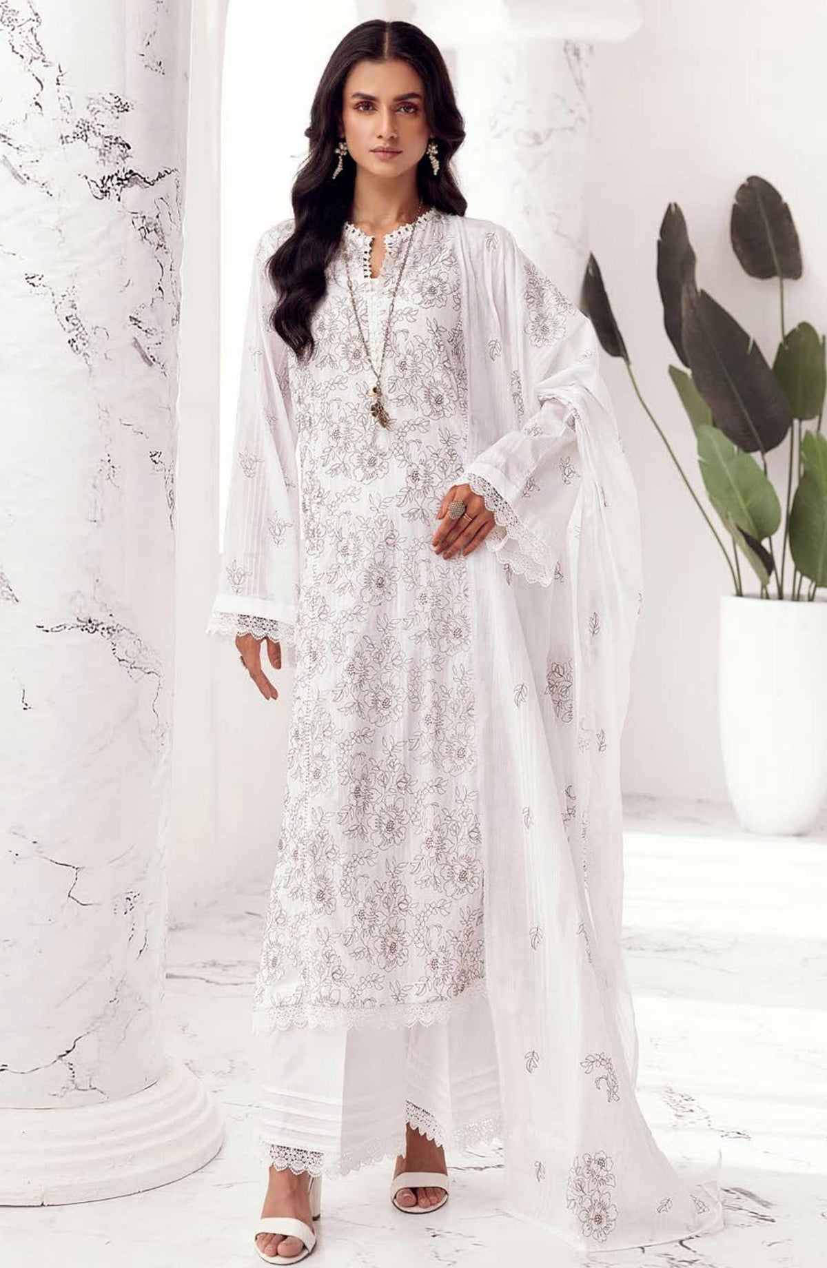 Arzoo by Khoobsurat Embroidered Slub Lawn Unstitched 3 Piece - A-68 - K25A - White - Summer Collection