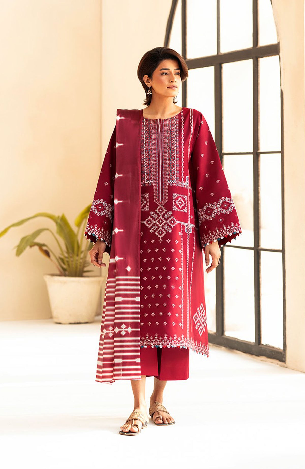 Aaina by bin Ilyas Embroidered Lawn Unstitched 3 Piece Suit - Article-84A - BL25AA - Red - Summer Collection
