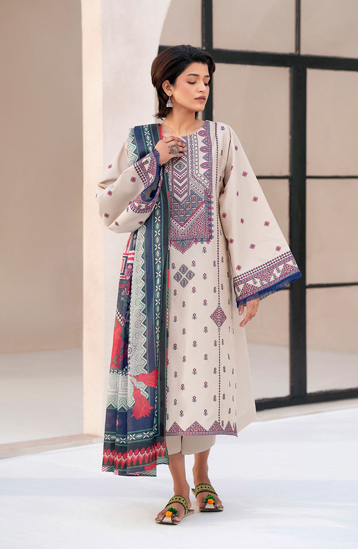 Aaina by bin Ilyas Embroidered Lawn Unstitched 3 Piece Suit - Article-86A - BL25AA - Off White - Summer Collection