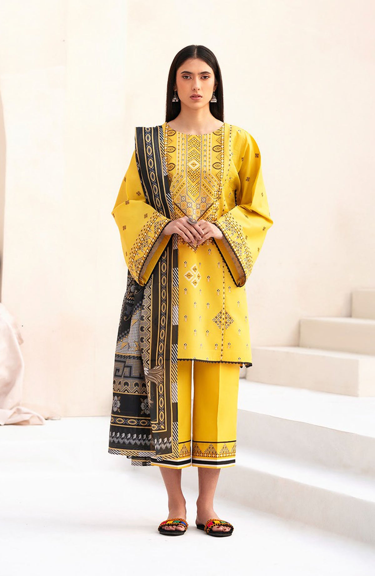 Aaina by bin Ilyas Embroidered Lawn Unstitched 3 Piece Suit - Article-86B - BL25AA - Yellow - Summer Collection