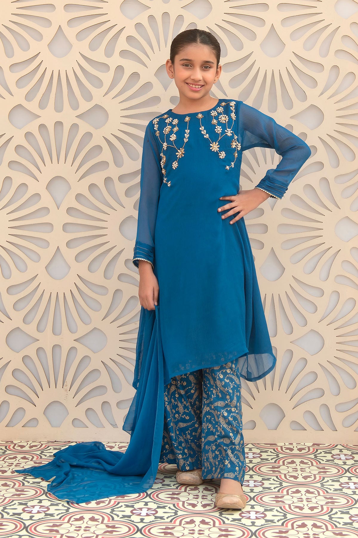 Ochre Festive Wear Chiffon Stitched 3 Piece - AC-60 - - Blue - Girls Collection