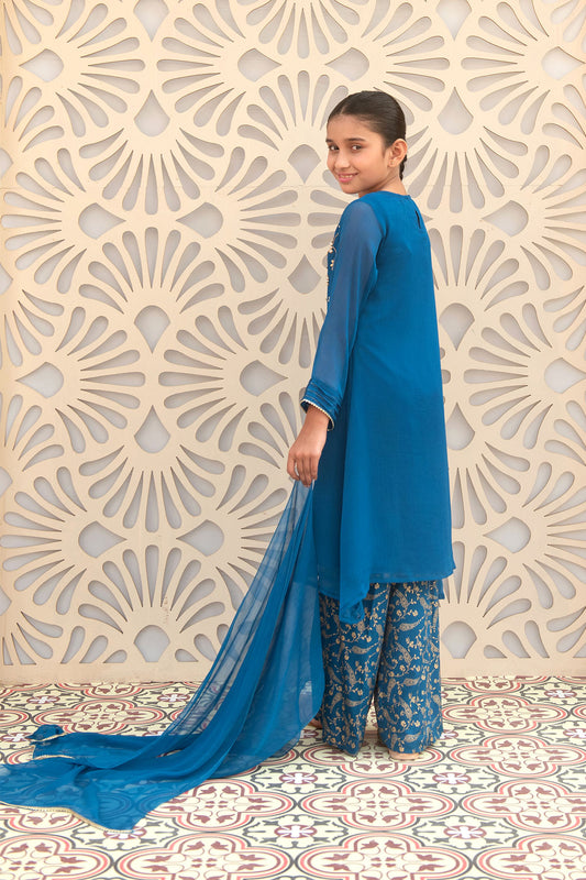 Ochre Festive Wear Chiffon Stitched 3 Piece - AC-60 - - Blue - Girls Collection