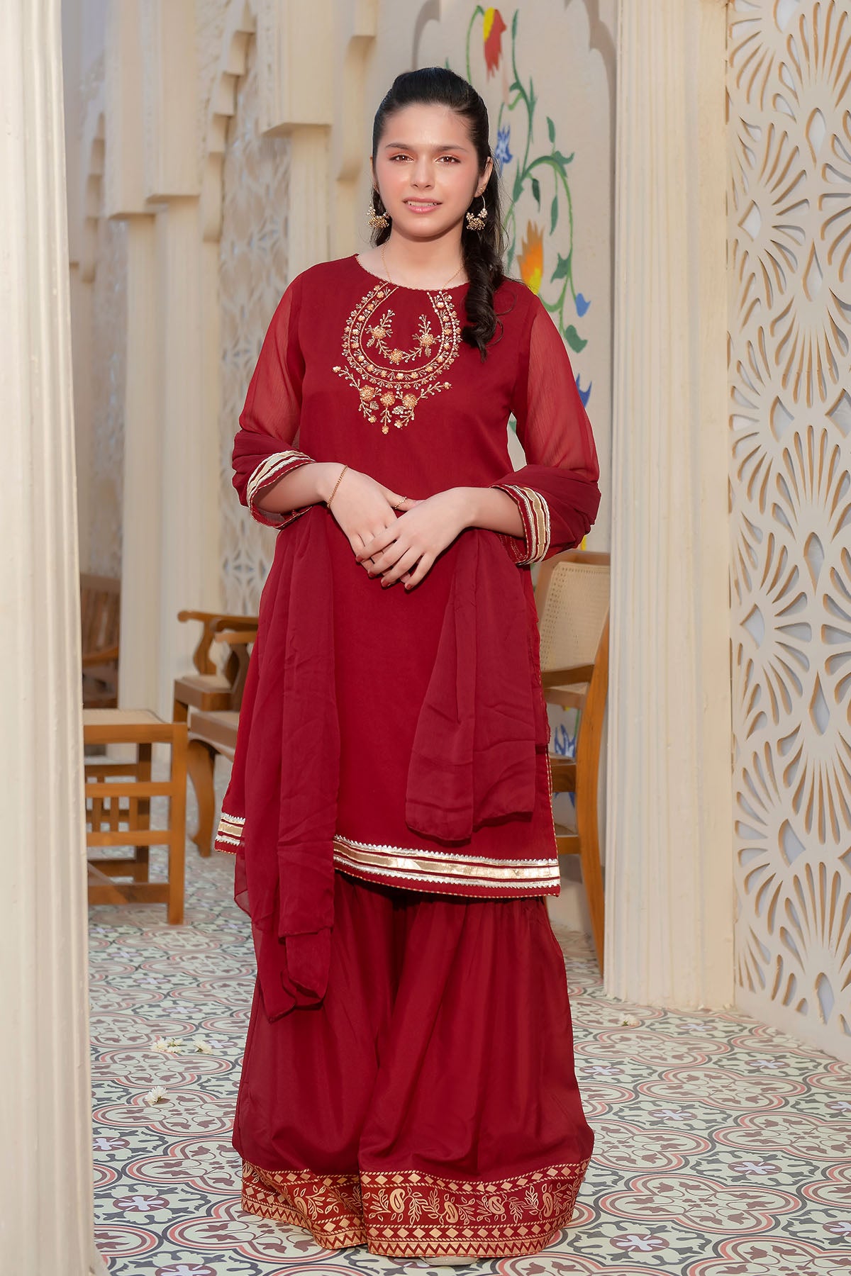 Ochre Festive Wear Chiffon Stitched 3 Piece - AC-64 - Maroon - Girls Collection