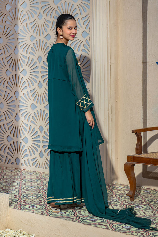 Ochre Festive Wear Chiffon Stitched 3 Piece - AC-68 - Dark Green - Girls Collection