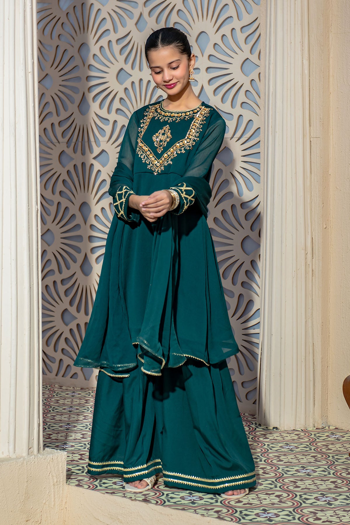 Ochre Festive Wear Chiffon Stitched 3 Piece - AC-68 - Dark Green - Girls Collection