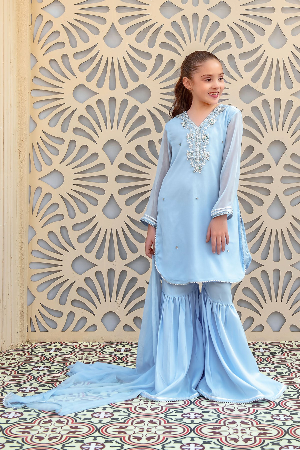 Ochre Festive Wear Chiffon Stitched 3 Piece - AC-72 - Blue - Girls Collection