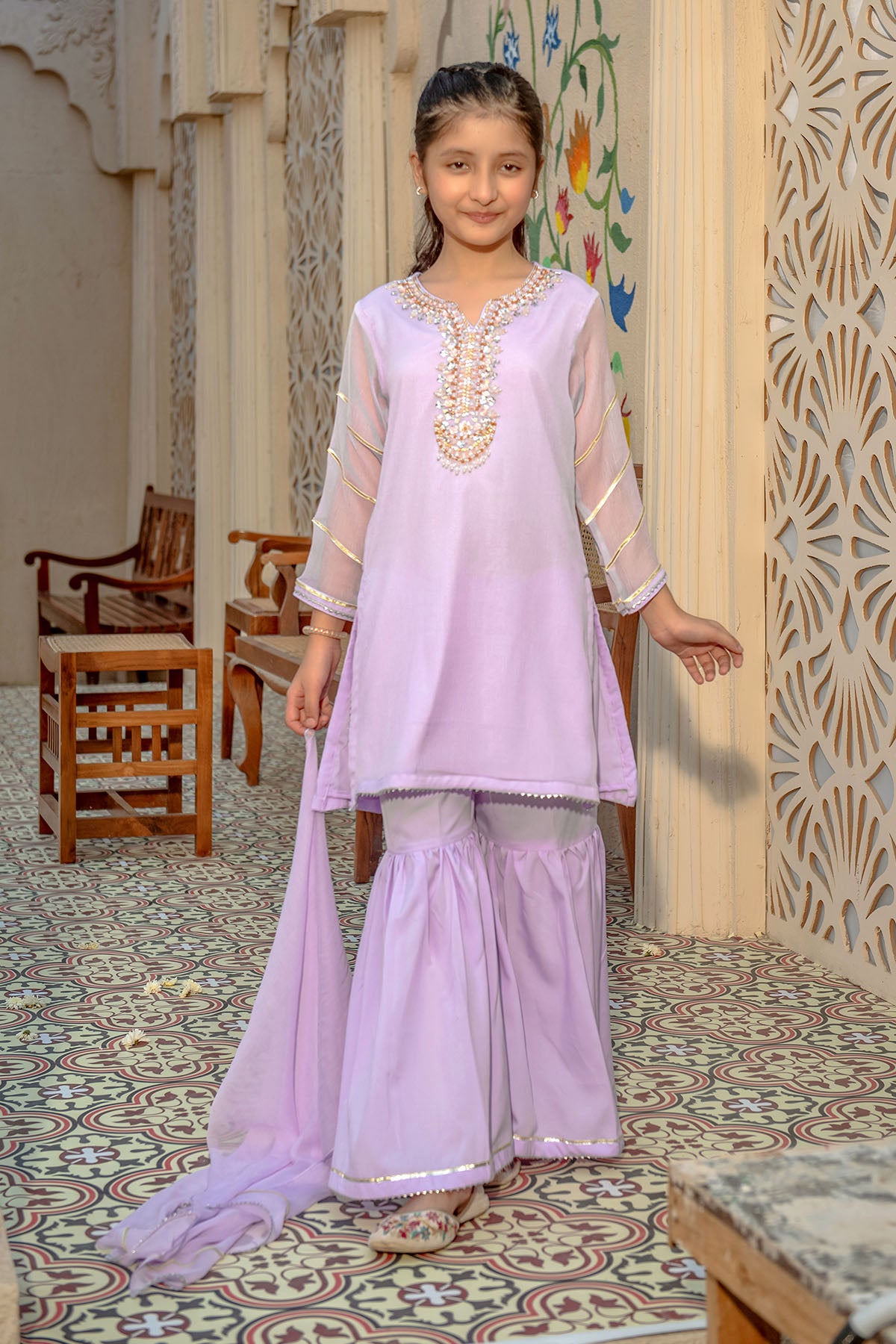 Ochre Festive Wear Chiffon Stitched 3 Piece - AC-73 - Lavender - Girls Collection