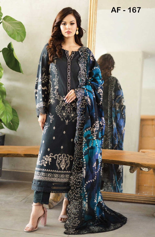Afreen by Riaz Arts Embroidered Lawn Unstitched 3 Piece Suit - AF-167 - RA25AL - Black - Summer Collection