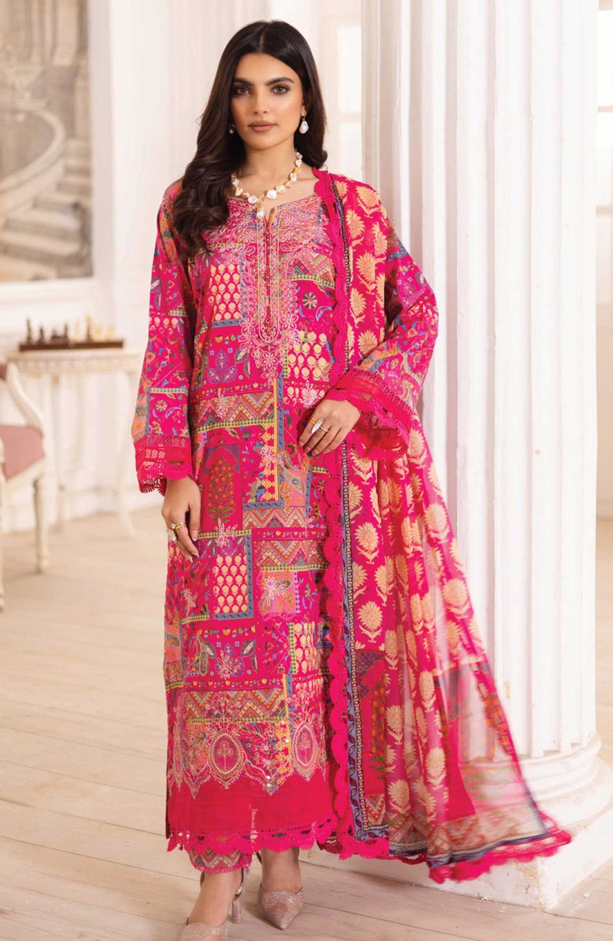 Aafreen by Riaz Arts Embroidered Lawn Unstitched 3 Piece Suit - AF-189 - RA25ALC - Hot Pink - Summer Collection