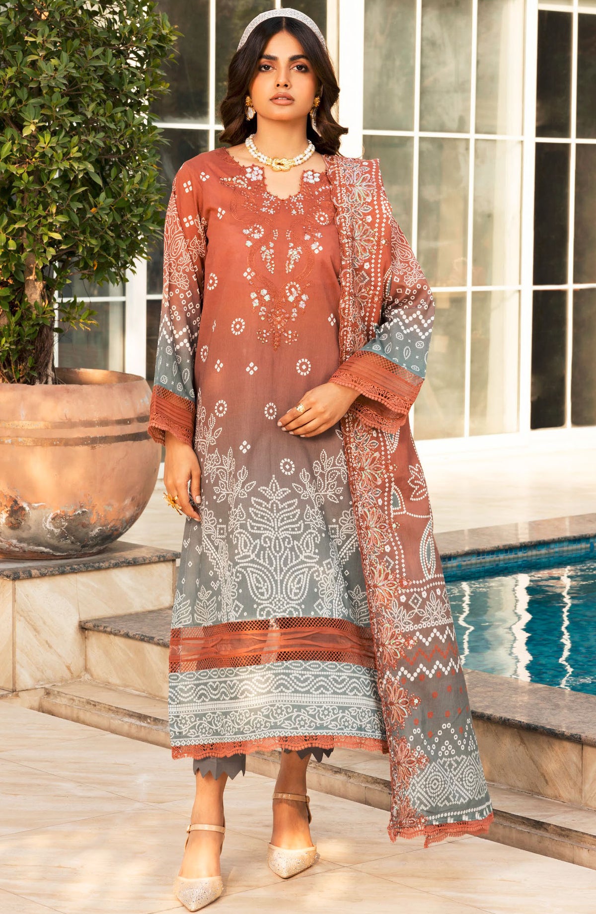 Aafreen Chunnri by Riaz Arts Embroidered Lawn Unstitched 3 Piece Suit - AF-195 - RA25ACL - Rust - Summer Collection