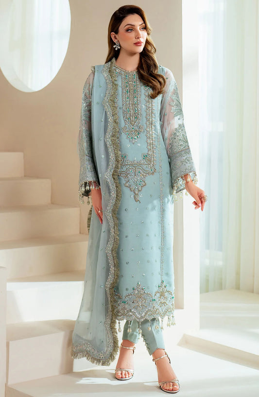 Aymal by Alizeh Embroidered Organza Unstitched 3 Piece Suit - AF-BHM-4044-Orla - ALZ25AYM - Blue - Festive Collection