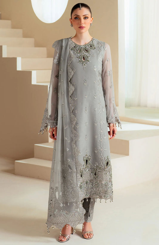 Aymal by Alizeh Embroidered Organza Unstitched 3 Piece Suit - AF-BHM-4046-Ahvi - ALZ25AYM - Grey - Festive Collection