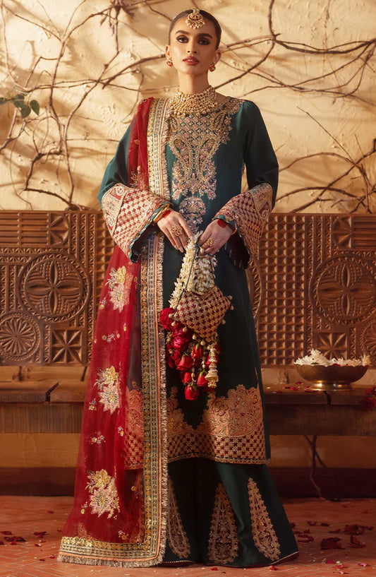 AJR Embroidered Silk Unstitched 3 Piece - Afsana - AJR25S - Dark Green - Wedding Collection