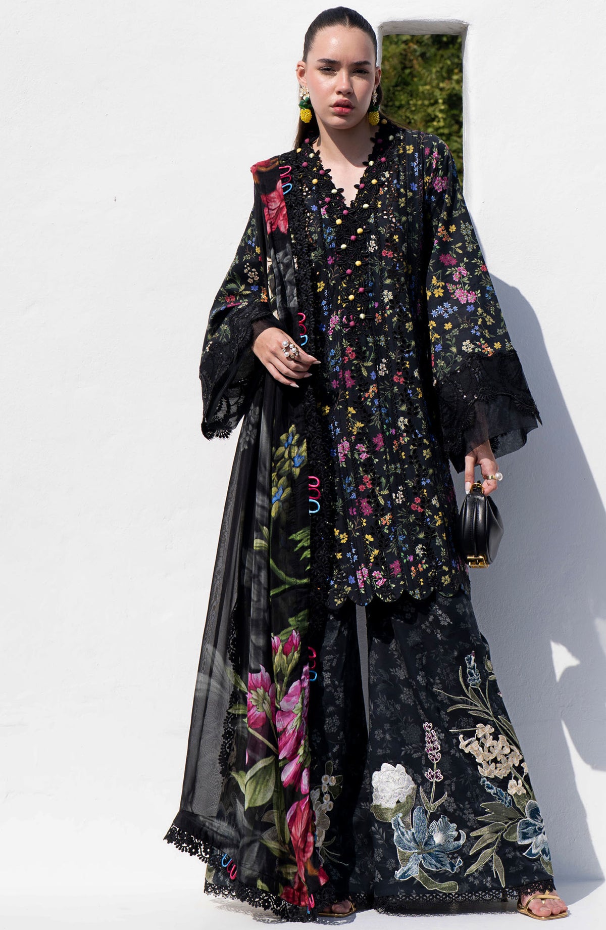 AJR Embroidered Lawn Unstitched 3 Piece Suit - AJR-PK-03 Midnight Flora - AJR25PK - Black - Summer Collection