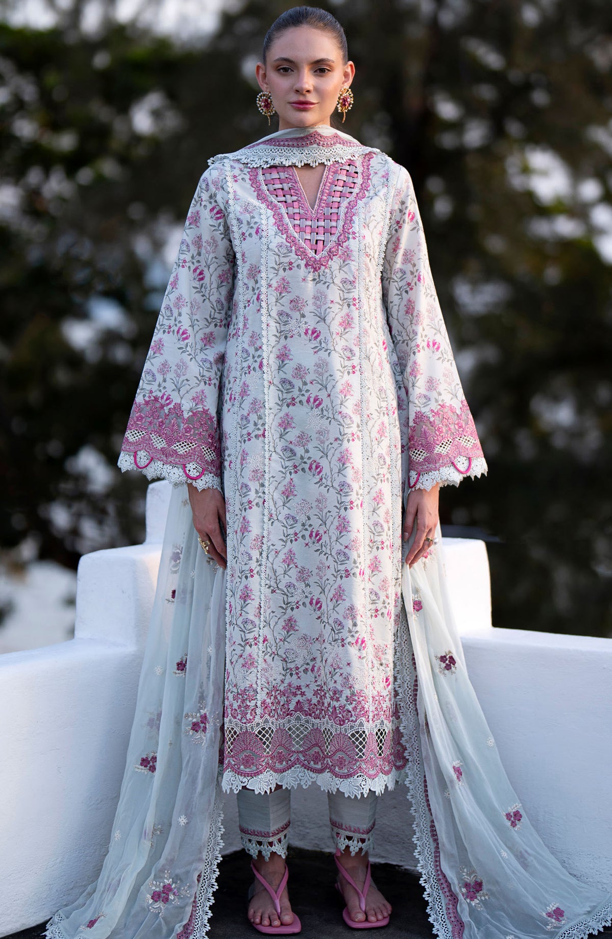 AJR Embroidered Lawn Unstitched 3 Piece Suit - AJR-PK-11 Blush - AJR25PK - White - Summer Collection