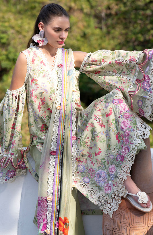 AJR Embroidered Lawn Unstitched 3 Piece Suit - AJR-PK-12 Pink Petal - AJR25PK - Green - Summer Collection