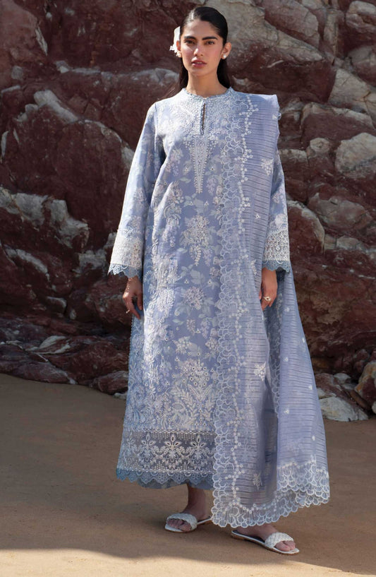 Afrozeh Embroidered Lawn Unstitched 3 Piece Suit - AL-25-V3-03 Moonlight - - Blue - Summer Collection